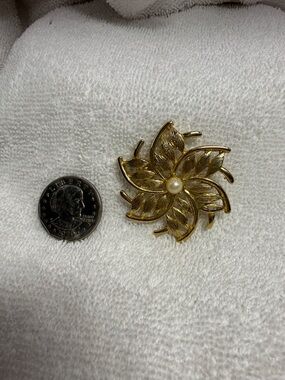 Gold-Tone Floral Brooch with Pearl Accent - Women Jewelry